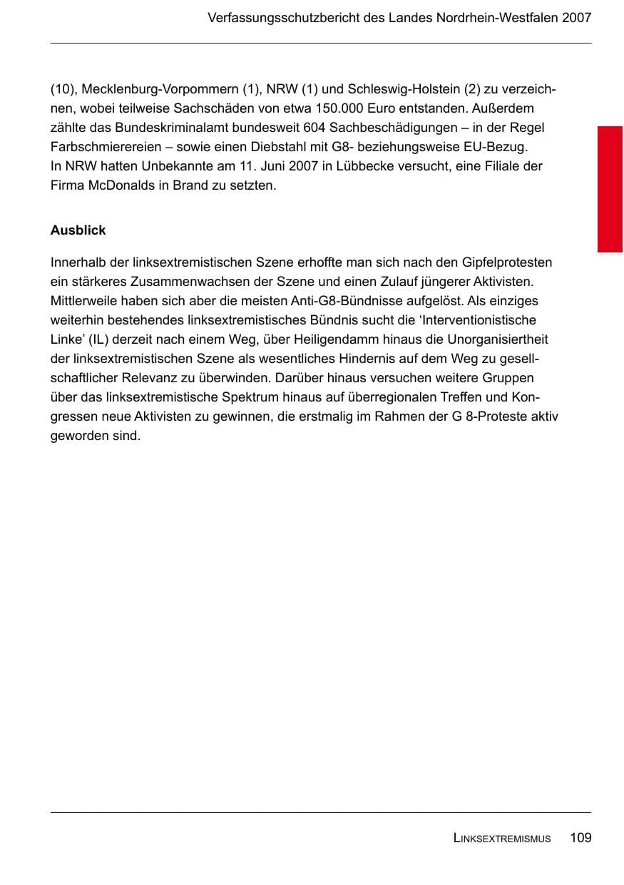 Seite 111 des Verfassungsschutzbericht 2007 Nordrhein-Westfalen