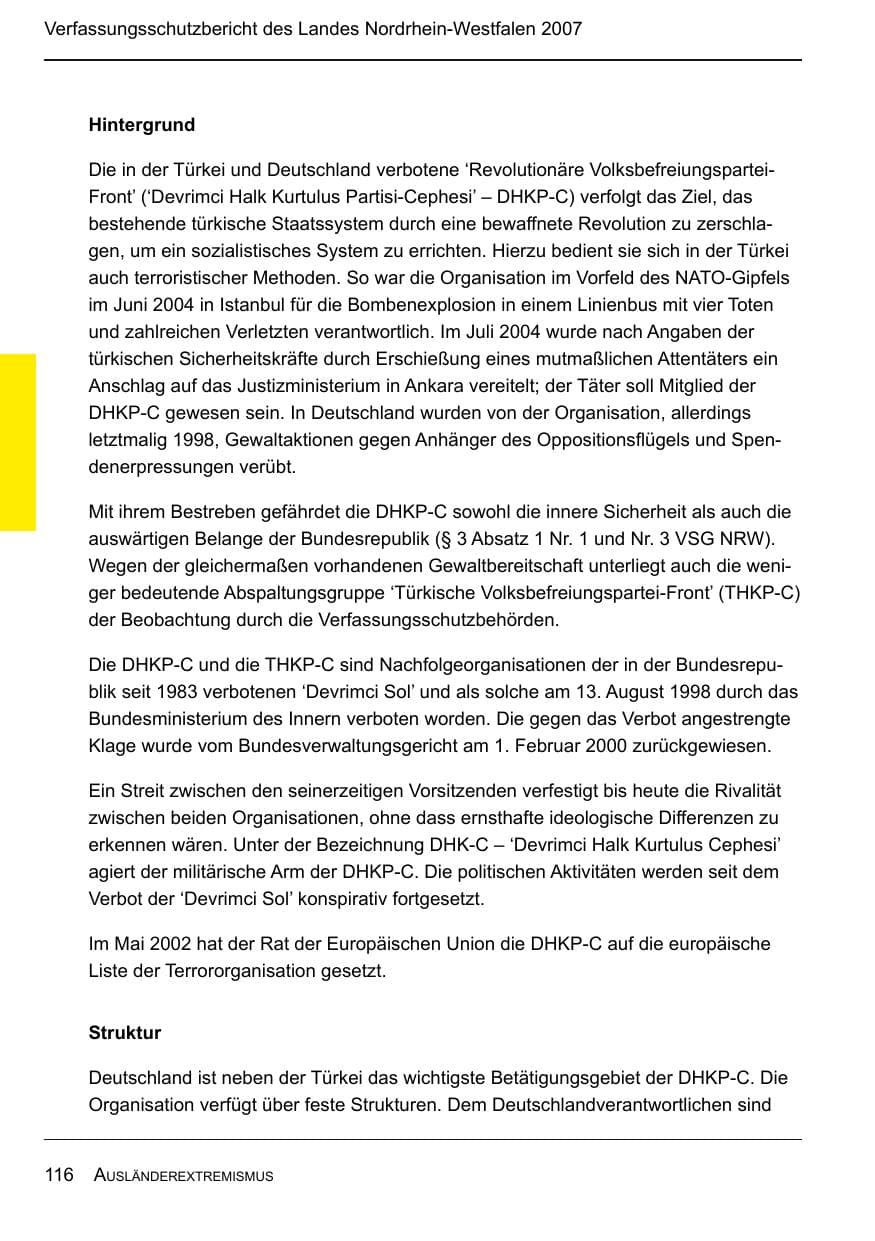 Seite 118 des Verfassungsschutzbericht 2007 Nordrhein-Westfalen