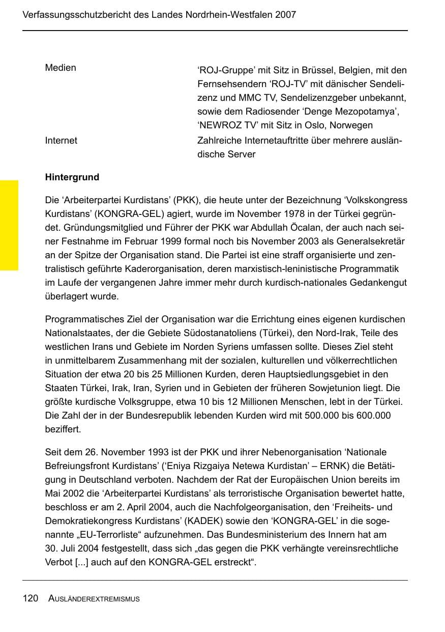 Seite 122 des Verfassungsschutzbericht 2007 Nordrhein-Westfalen