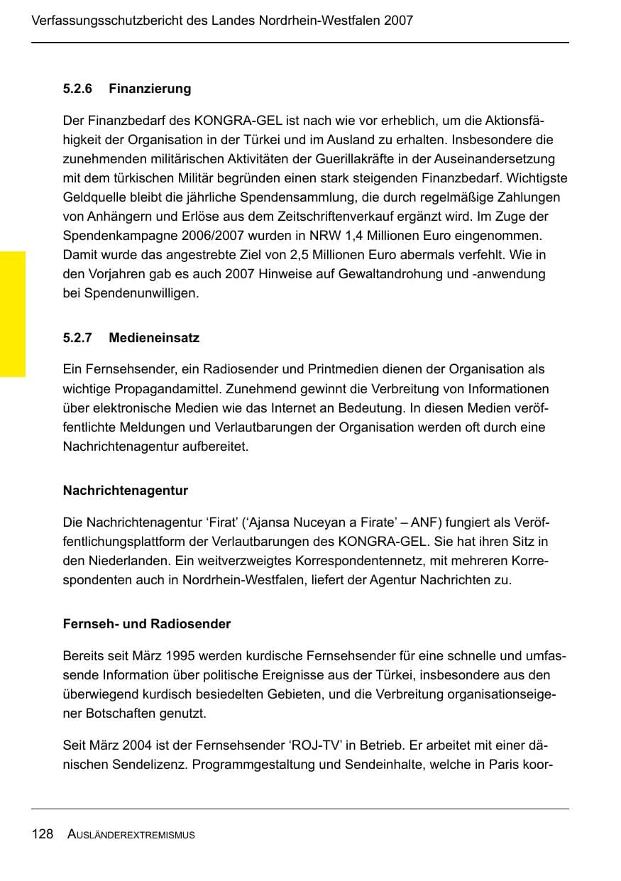 Seite 130 des Verfassungsschutzbericht 2007 Nordrhein-Westfalen