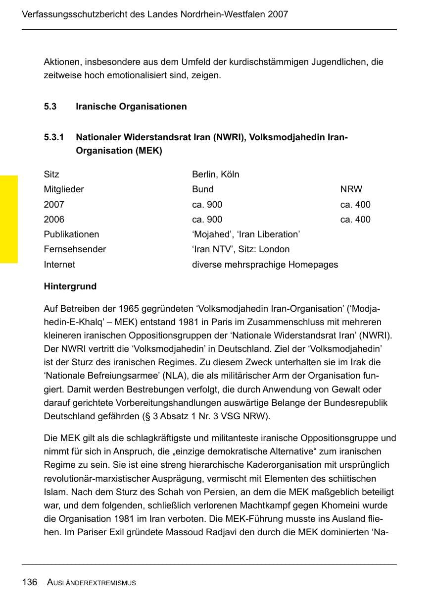 Seite 138 des Verfassungsschutzbericht 2007 Nordrhein-Westfalen