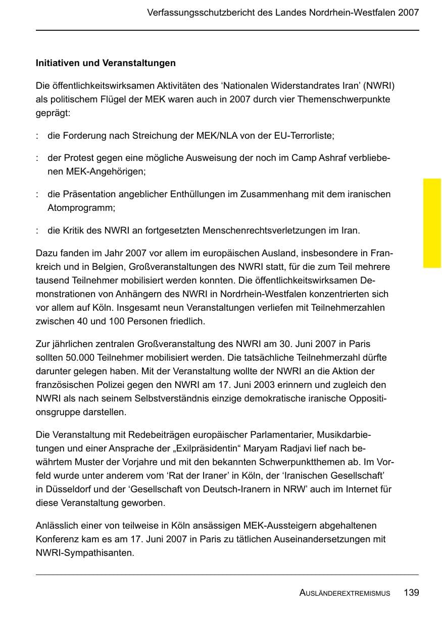 Seite 141 des Verfassungsschutzbericht 2007 Nordrhein-Westfalen