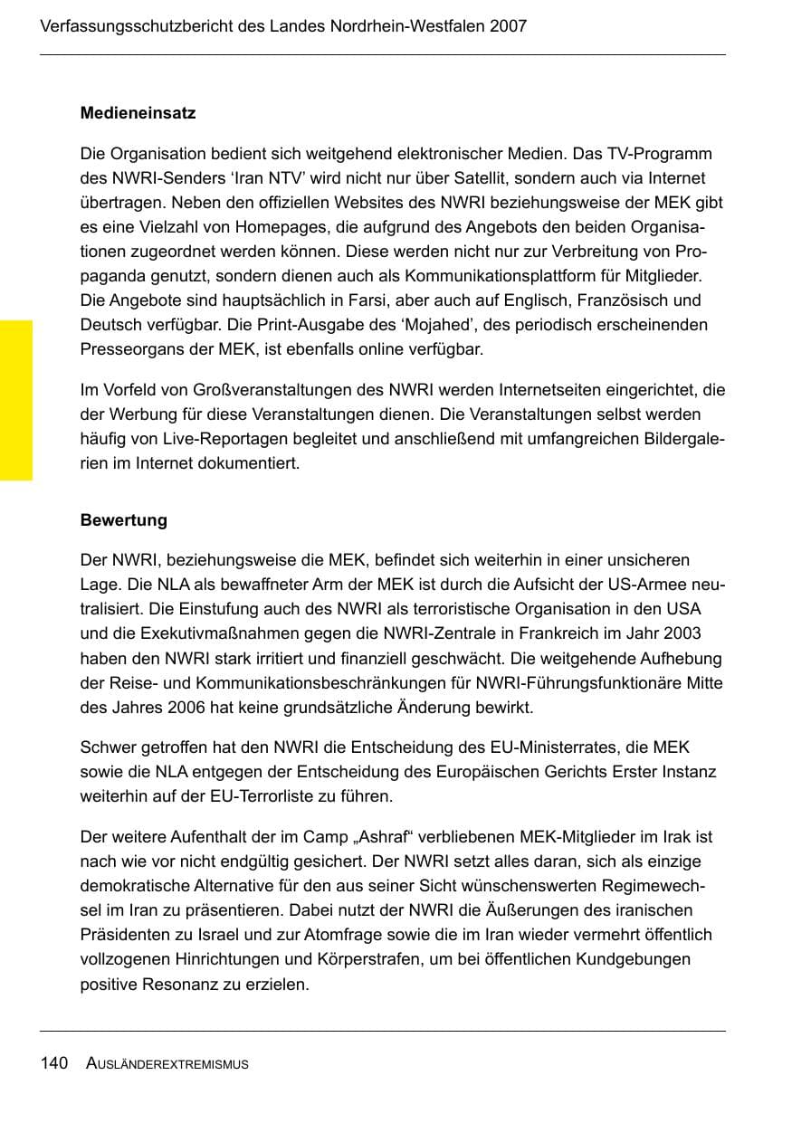 Seite 142 des Verfassungsschutzbericht 2007 Nordrhein-Westfalen