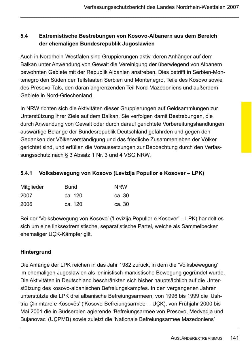 Seite 143 des Verfassungsschutzbericht 2007 Nordrhein-Westfalen