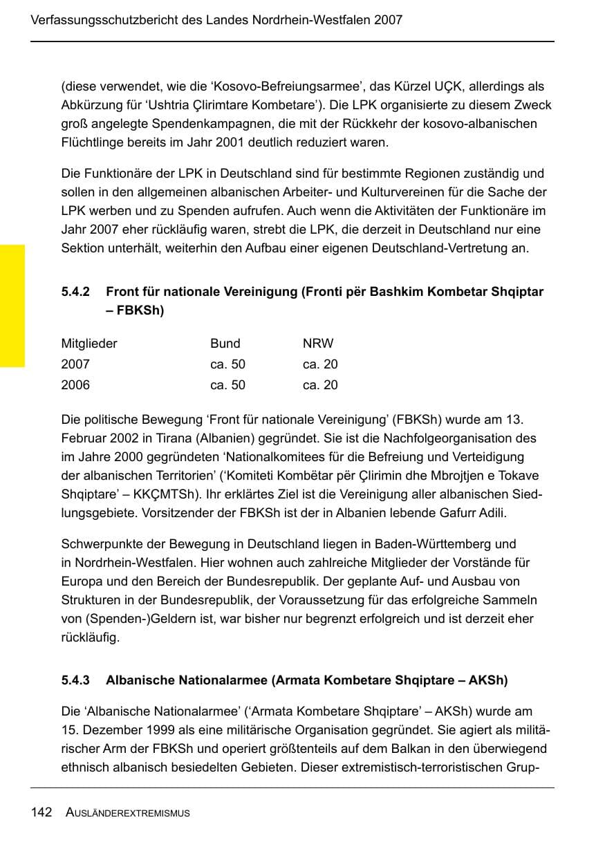 Seite 144 des Verfassungsschutzbericht 2007 Nordrhein-Westfalen