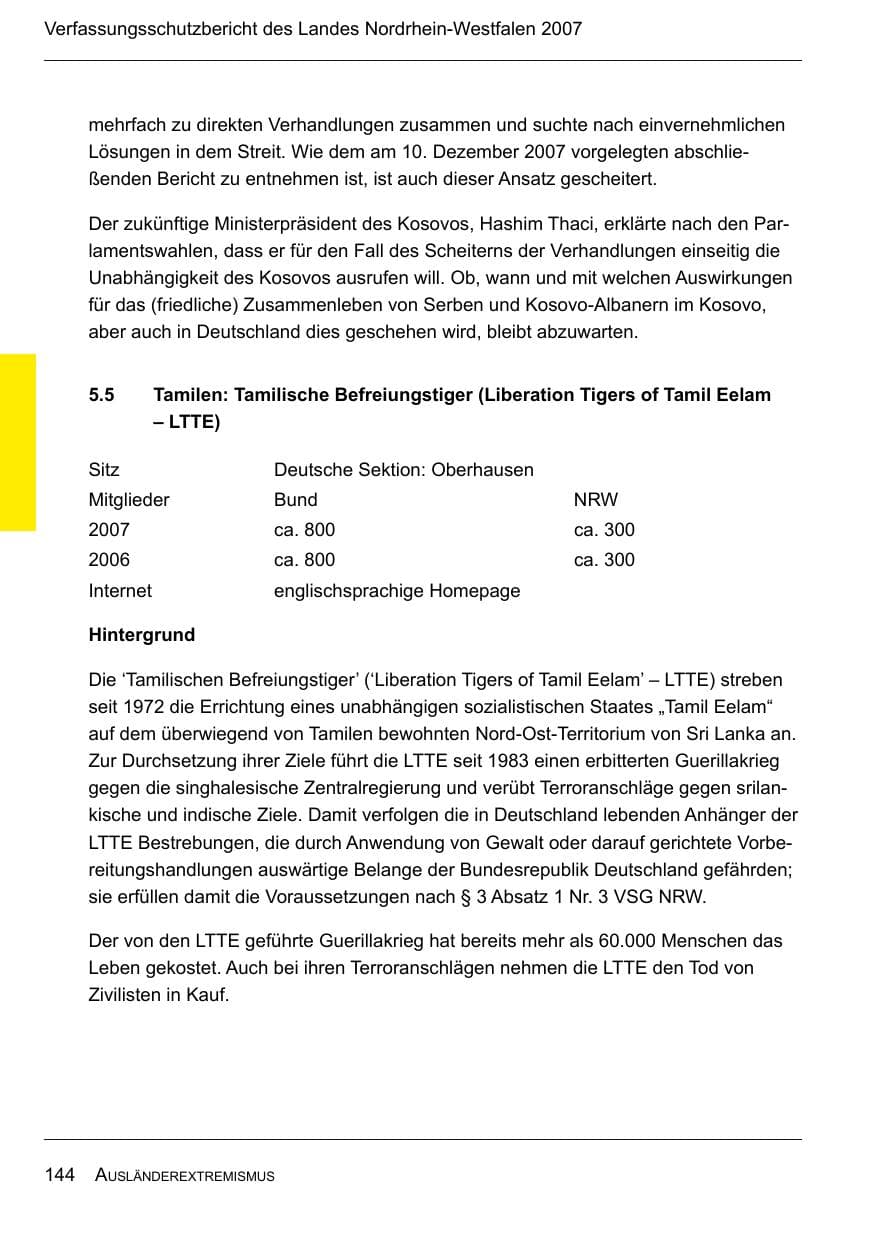 Seite 146 des Verfassungsschutzbericht 2007 Nordrhein-Westfalen