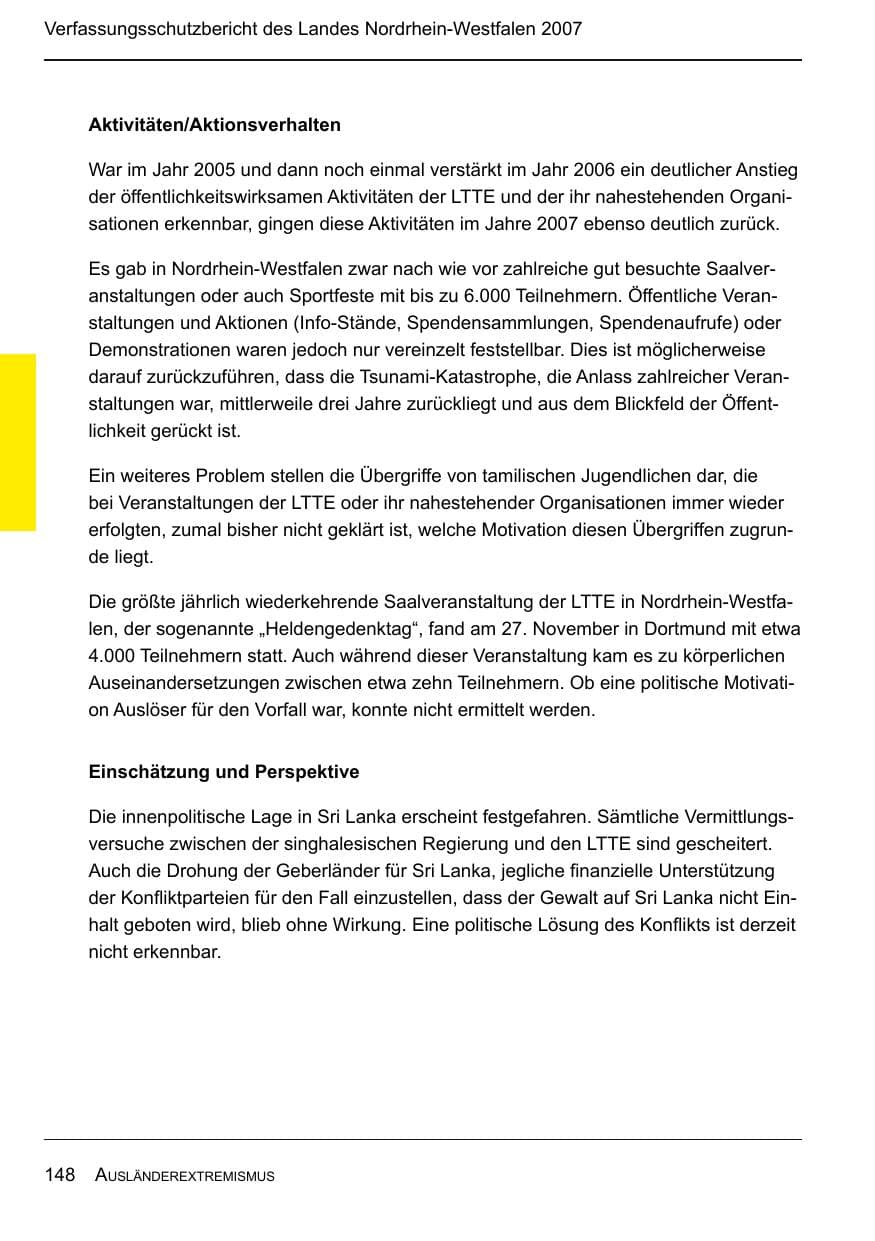 Seite 150 des Verfassungsschutzbericht 2007 Nordrhein-Westfalen