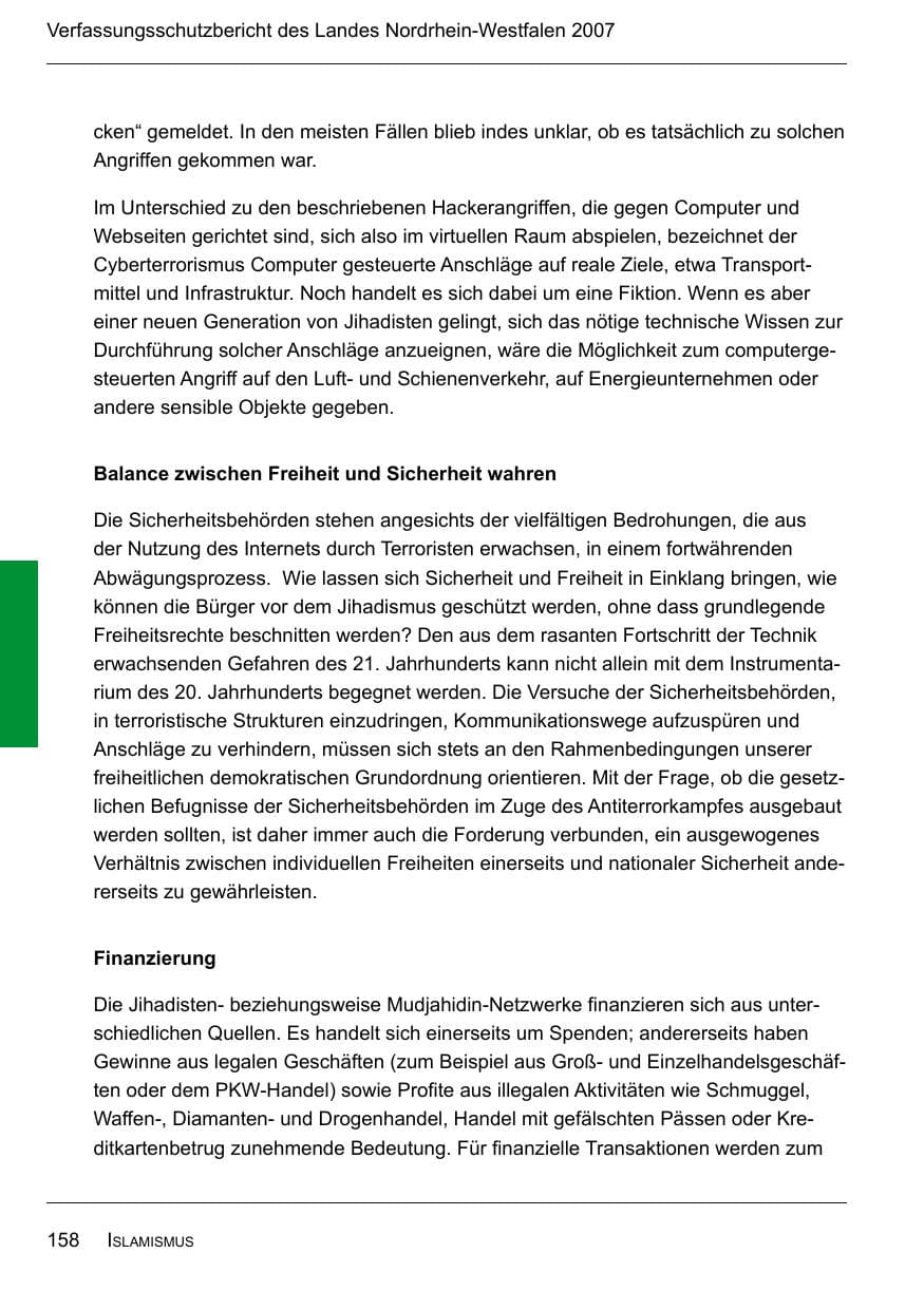 Seite 160 des Verfassungsschutzbericht 2007 Nordrhein-Westfalen