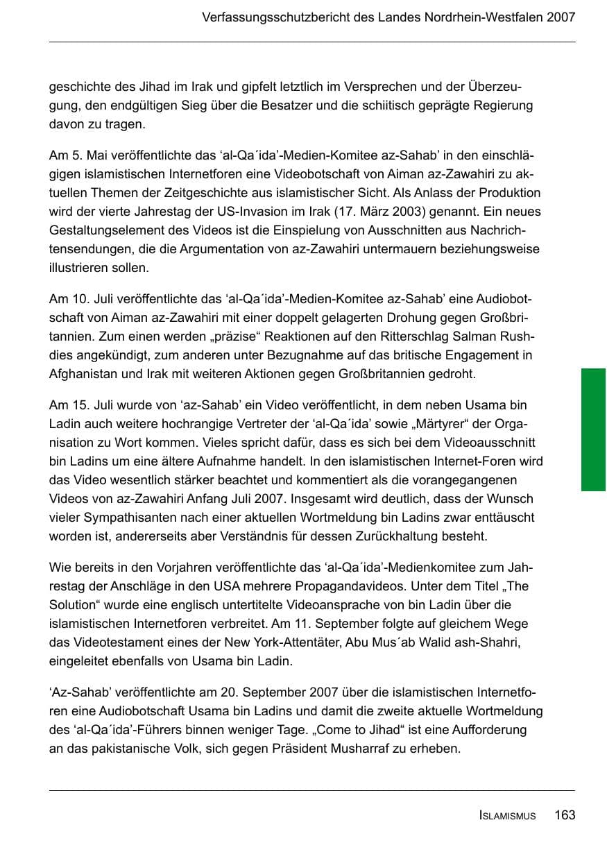 Seite 165 des Verfassungsschutzbericht 2007 Nordrhein-Westfalen