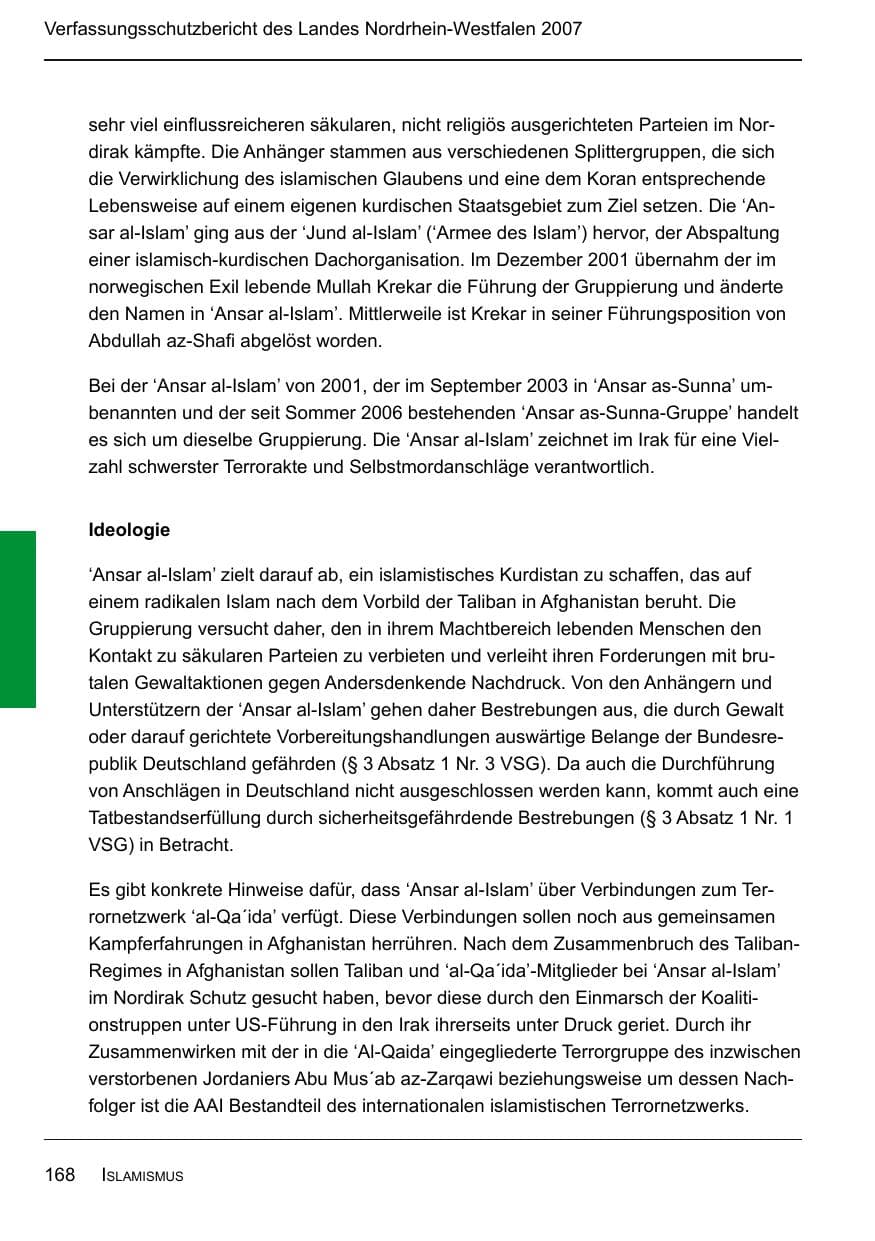 Seite 170 des Verfassungsschutzbericht 2007 Nordrhein-Westfalen