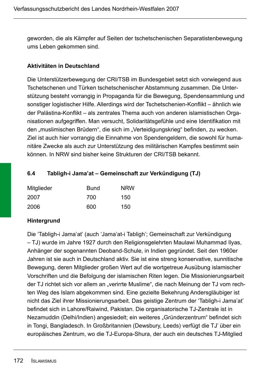 Seite 174 des Verfassungsschutzbericht 2007 Nordrhein-Westfalen