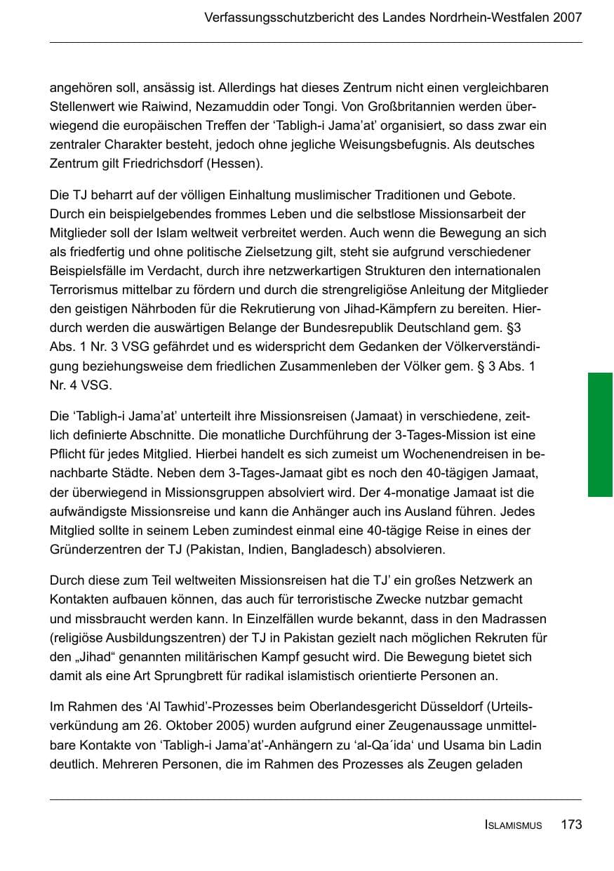 Seite 175 des Verfassungsschutzbericht 2007 Nordrhein-Westfalen