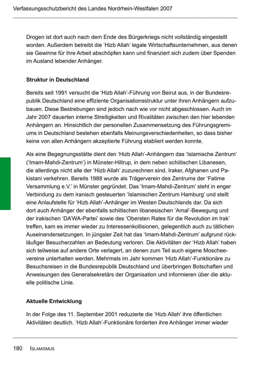 Seite 182 des Verfassungsschutzbericht 2007 Nordrhein-Westfalen