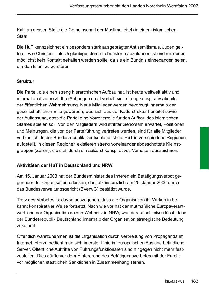 Seite 185 des Verfassungsschutzbericht 2007 Nordrhein-Westfalen