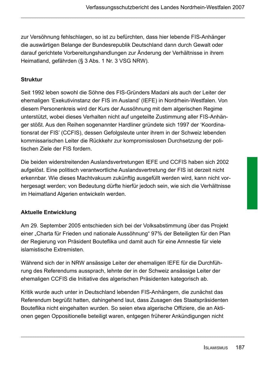 Seite 189 des Verfassungsschutzbericht 2007 Nordrhein-Westfalen