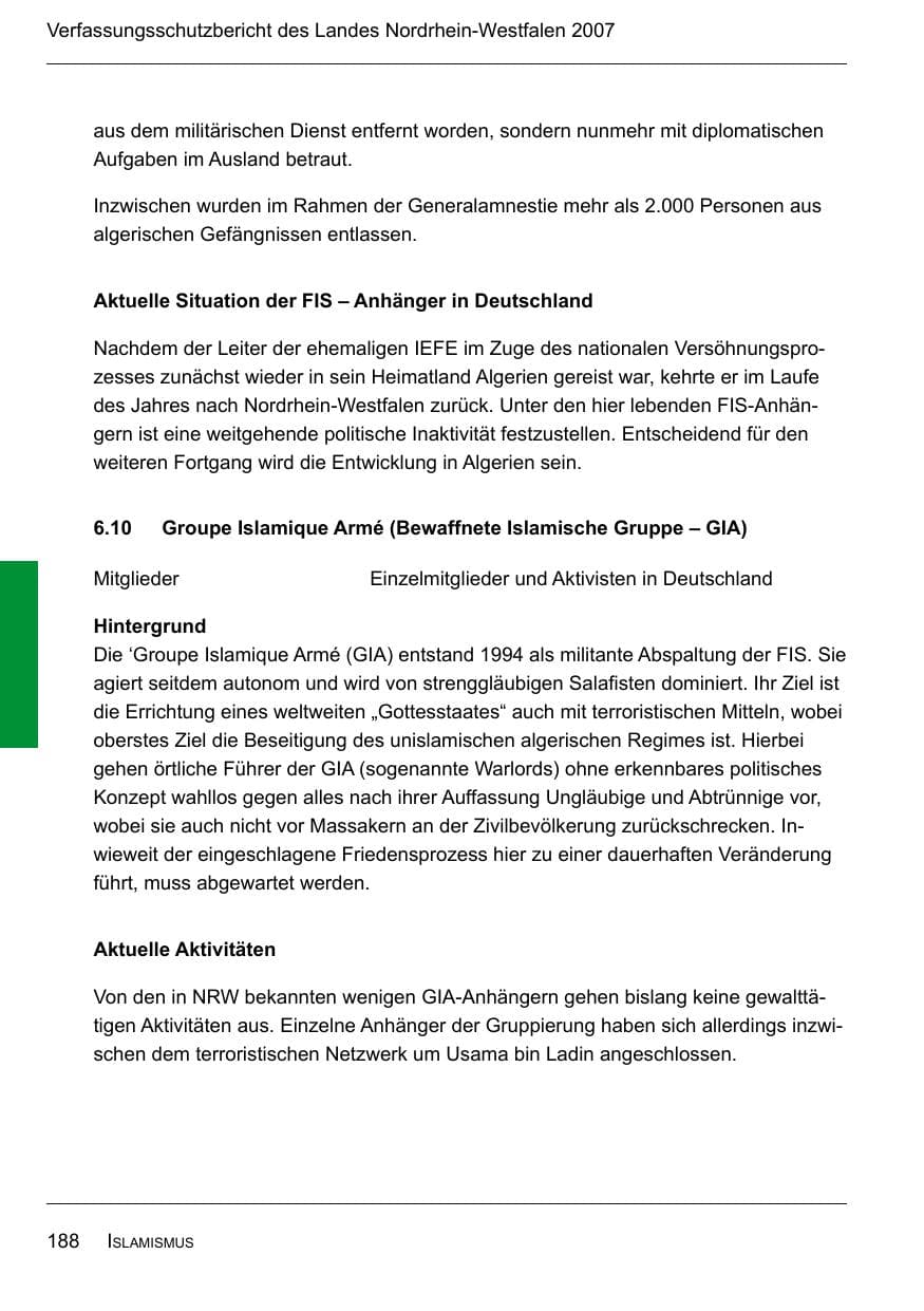 Seite 190 des Verfassungsschutzbericht 2007 Nordrhein-Westfalen