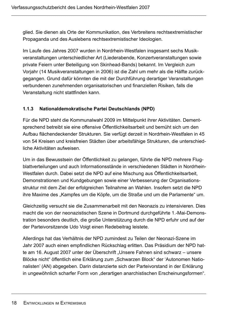 Seite 20 des Verfassungsschutzbericht 2007 Nordrhein-Westfalen