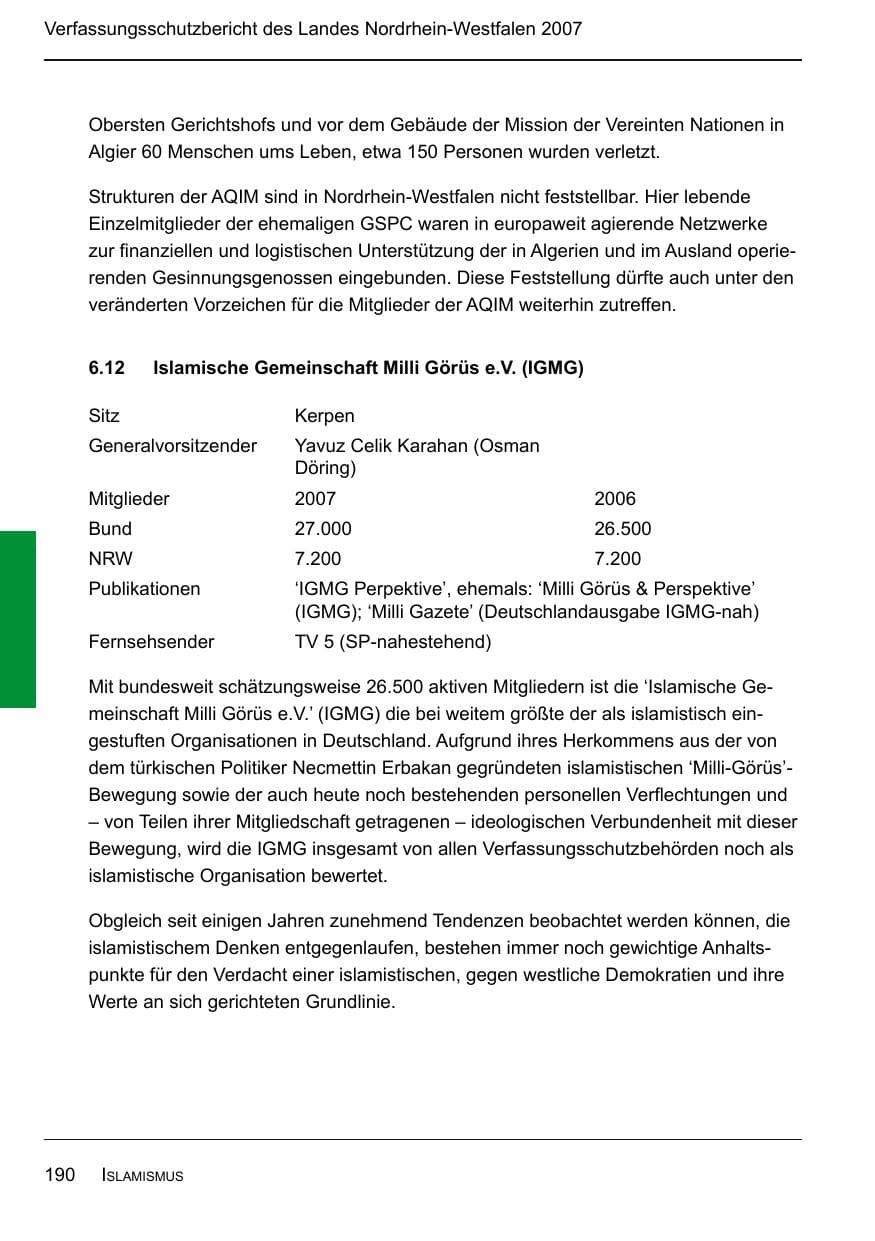 Seite 192 des Verfassungsschutzbericht 2007 Nordrhein-Westfalen