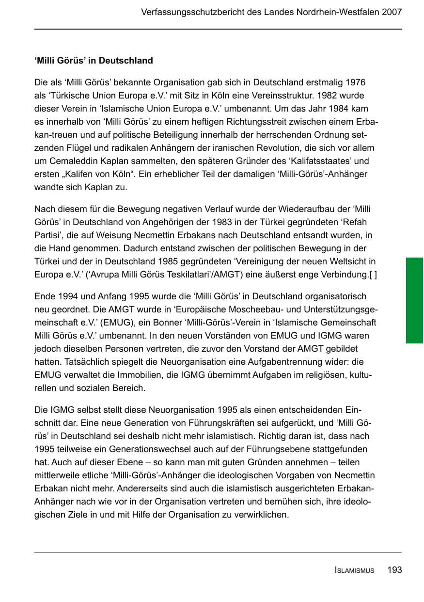 Seite 195 des Verfassungsschutzbericht 2007 Nordrhein-Westfalen