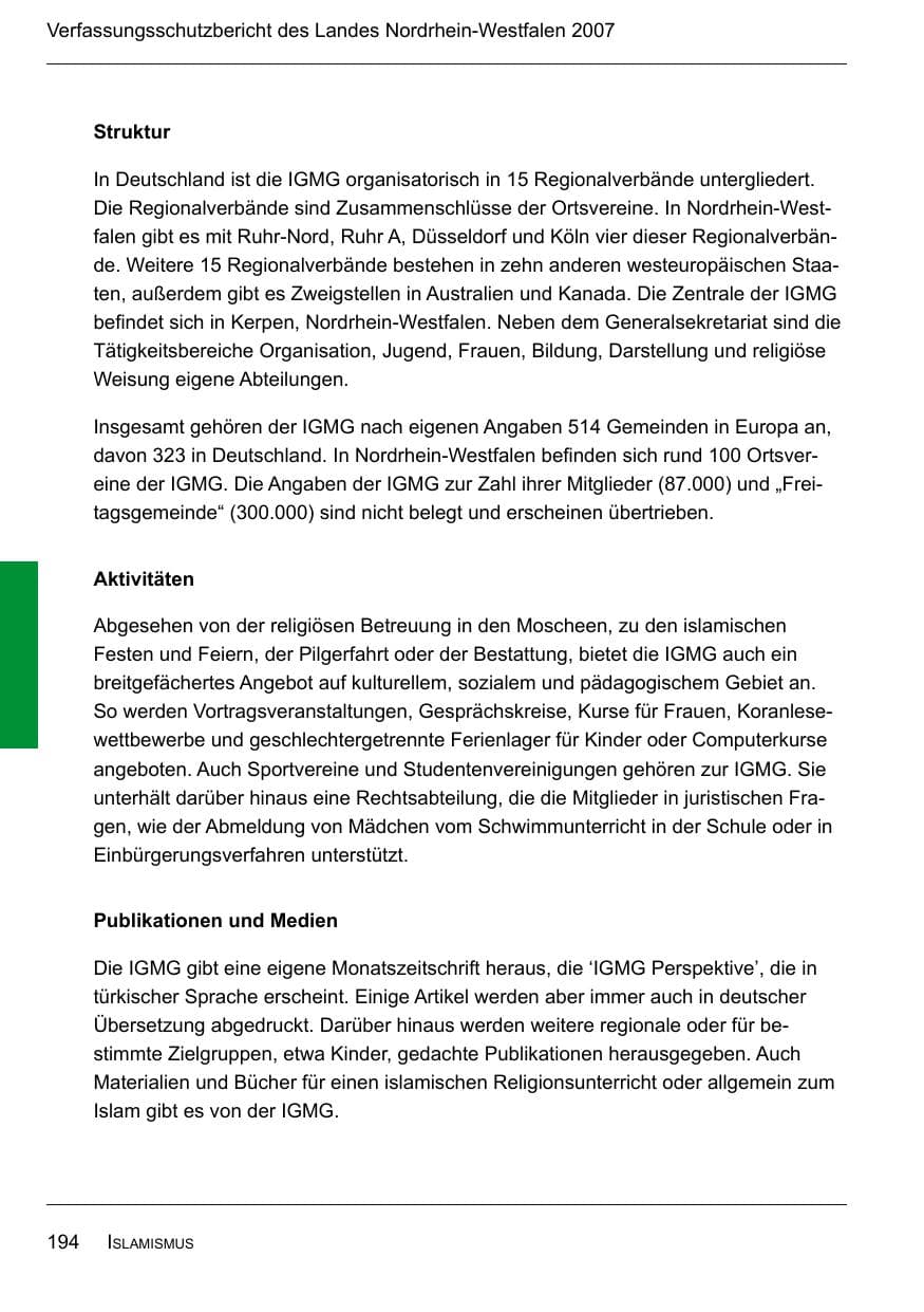 Seite 196 des Verfassungsschutzbericht 2007 Nordrhein-Westfalen