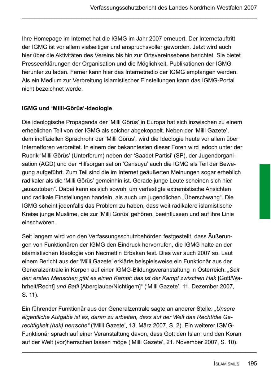 Seite 197 des Verfassungsschutzbericht 2007 Nordrhein-Westfalen