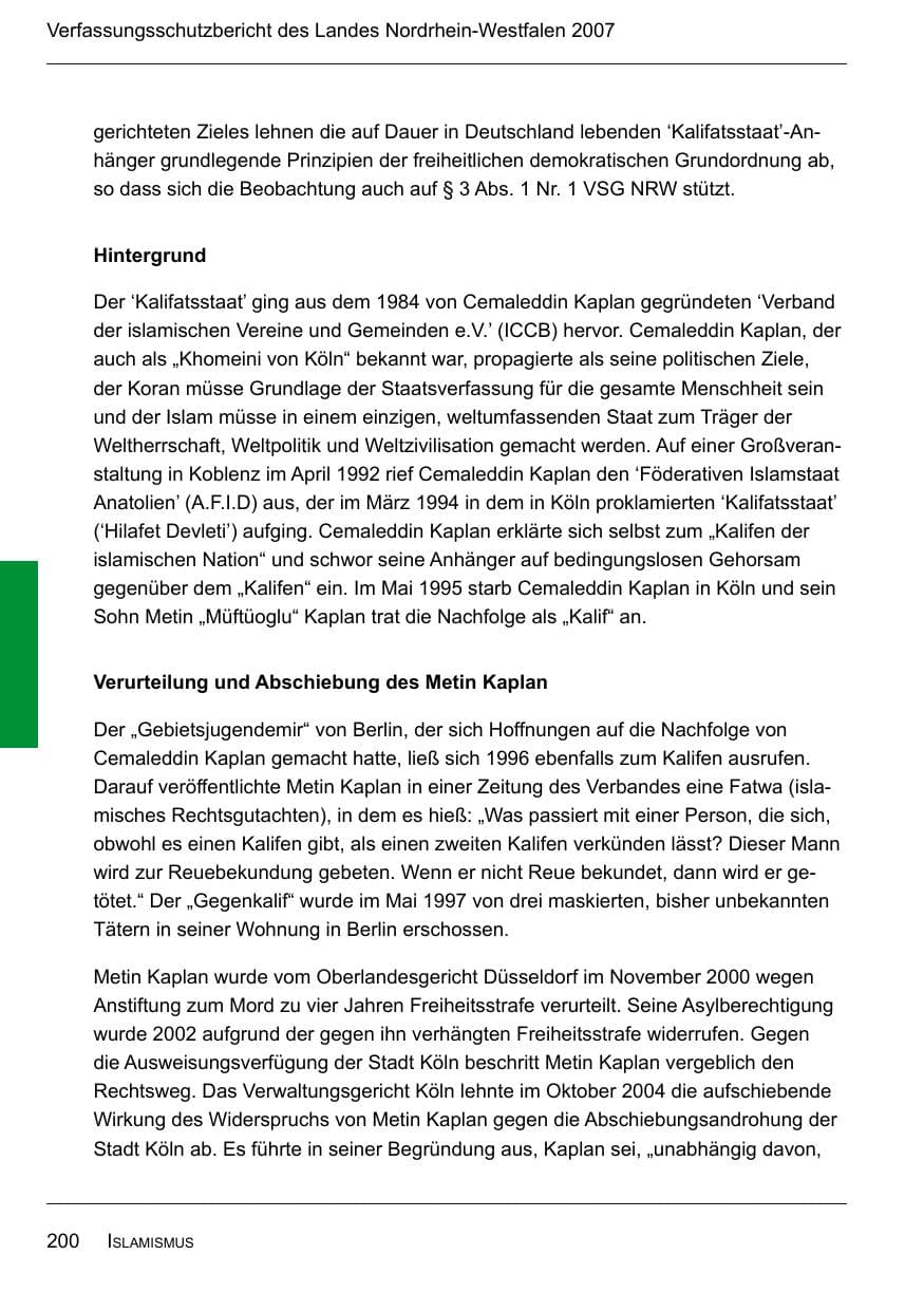 Seite 202 des Verfassungsschutzbericht 2007 Nordrhein-Westfalen