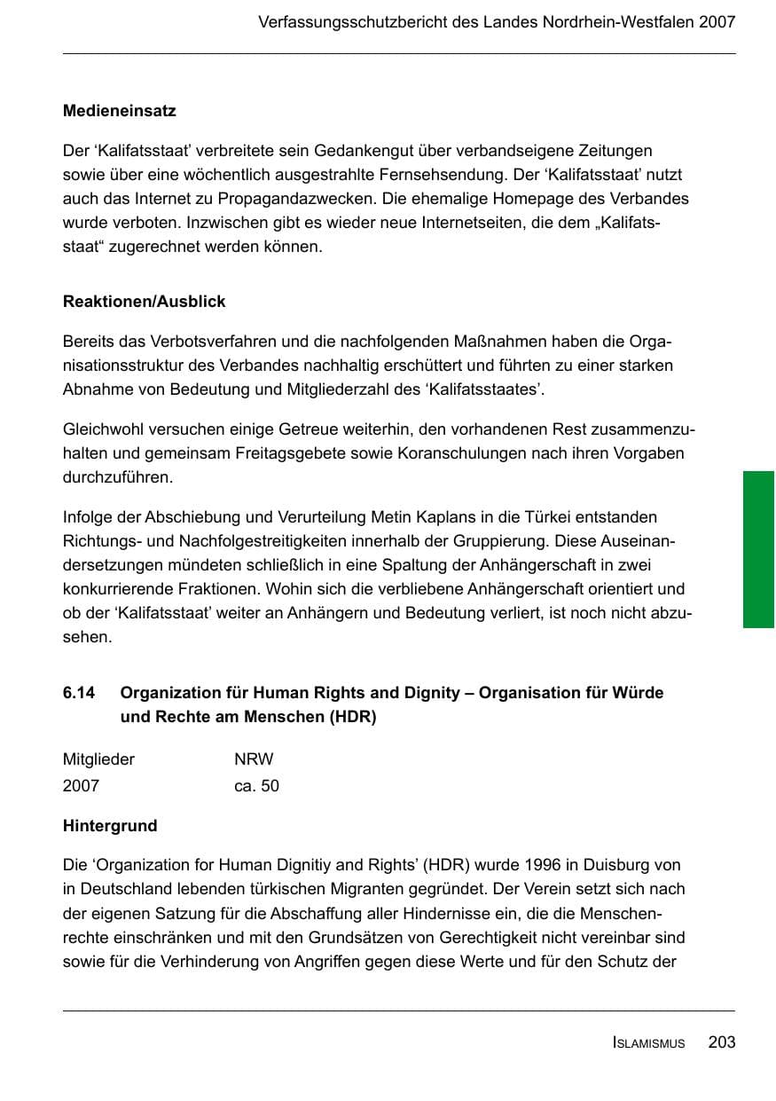 Seite 205 des Verfassungsschutzbericht 2007 Nordrhein-Westfalen