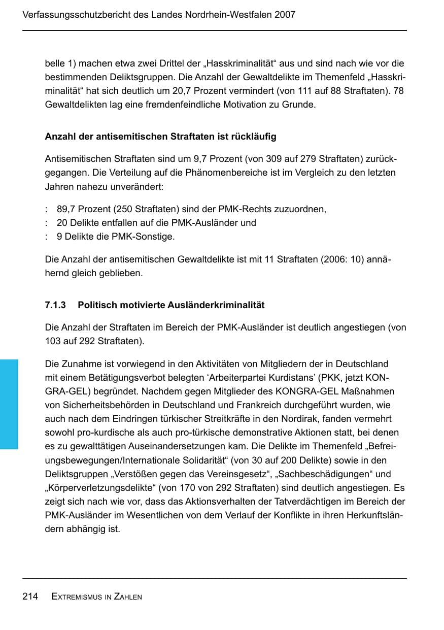 Seite 216 des Verfassungsschutzbericht 2007 Nordrhein-Westfalen