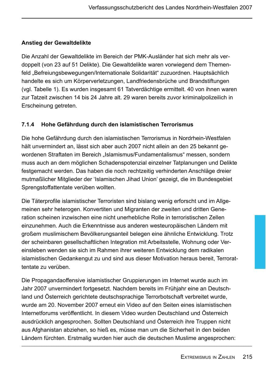 Seite 217 des Verfassungsschutzbericht 2007 Nordrhein-Westfalen