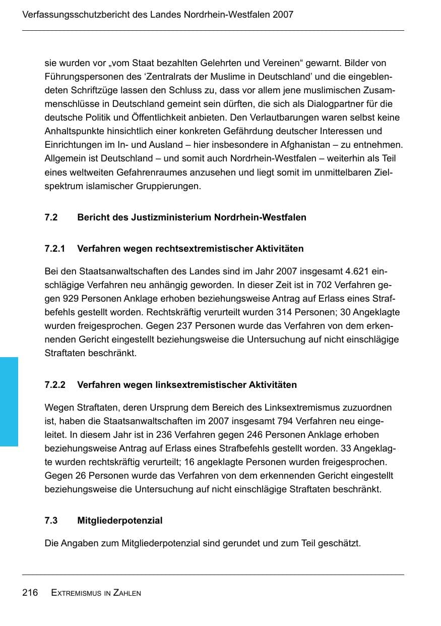 Seite 218 des Verfassungsschutzbericht 2007 Nordrhein-Westfalen