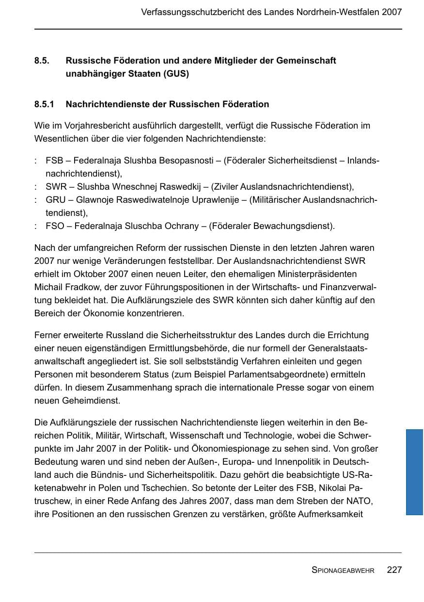 Seite 229 des Verfassungsschutzbericht 2007 Nordrhein-Westfalen