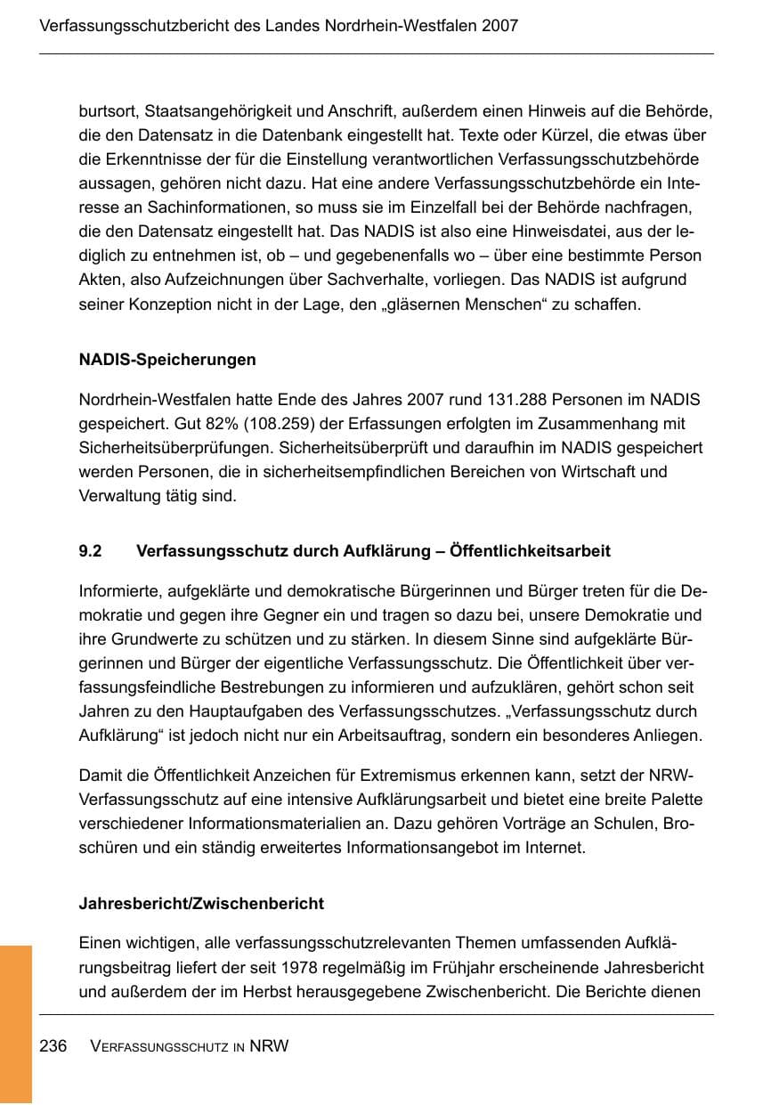 Seite 238 des Verfassungsschutzbericht 2007 Nordrhein-Westfalen