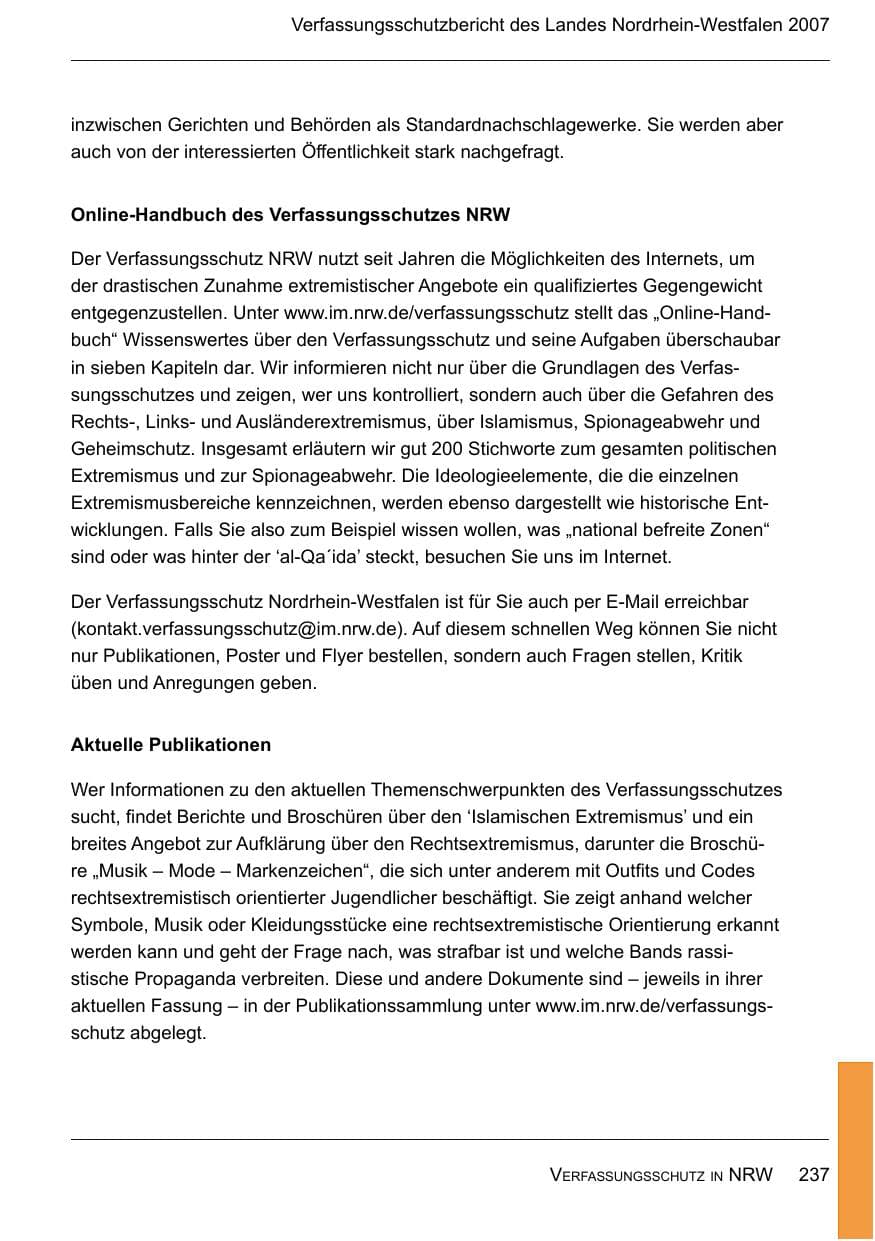 Seite 239 des Verfassungsschutzbericht 2007 Nordrhein-Westfalen