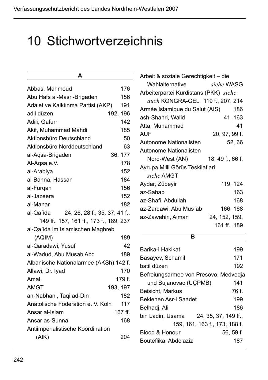 Seite 244 des Verfassungsschutzbericht 2007 Nordrhein-Westfalen