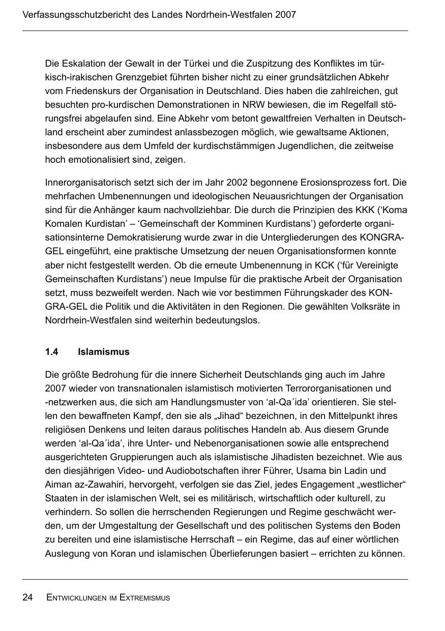 Seite 26 des Verfassungsschutzbericht 2007 Nordrhein-Westfalen