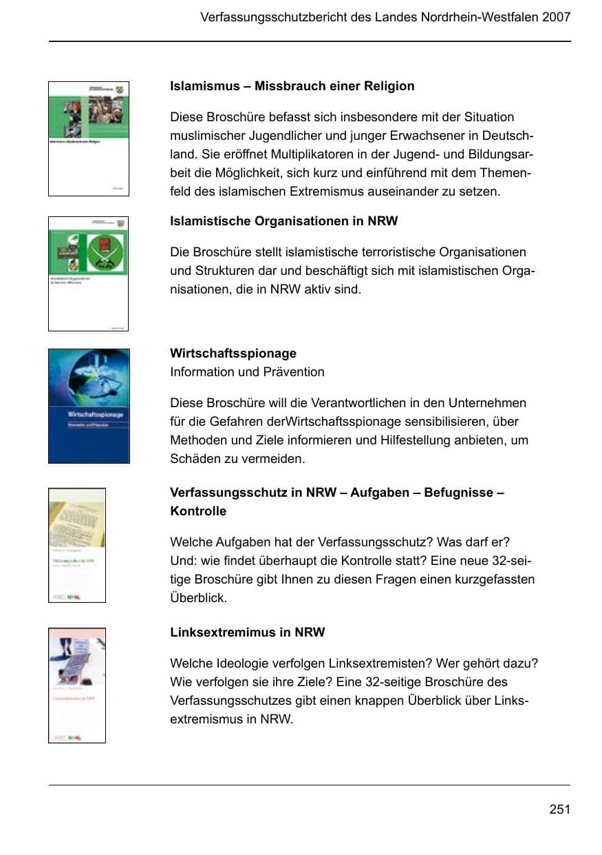 Seite 253 des Verfassungsschutzbericht 2007 Nordrhein-Westfalen