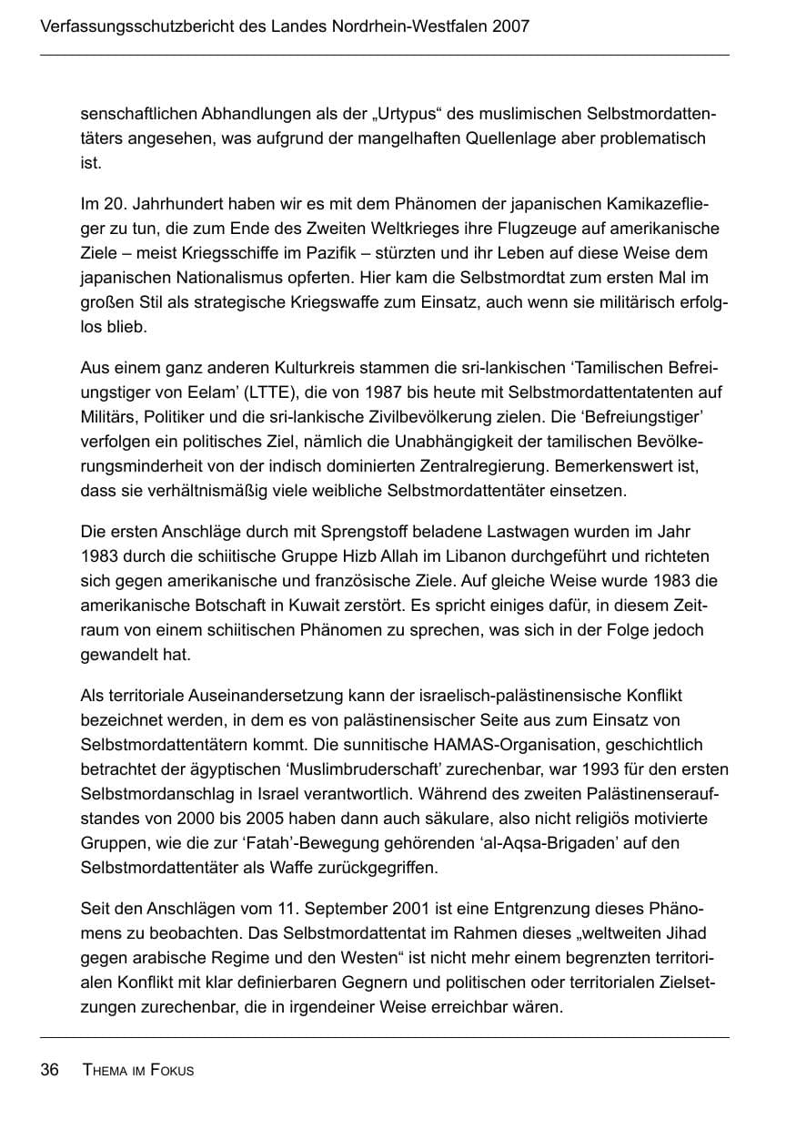 Seite 38 des Verfassungsschutzbericht 2007 Nordrhein-Westfalen