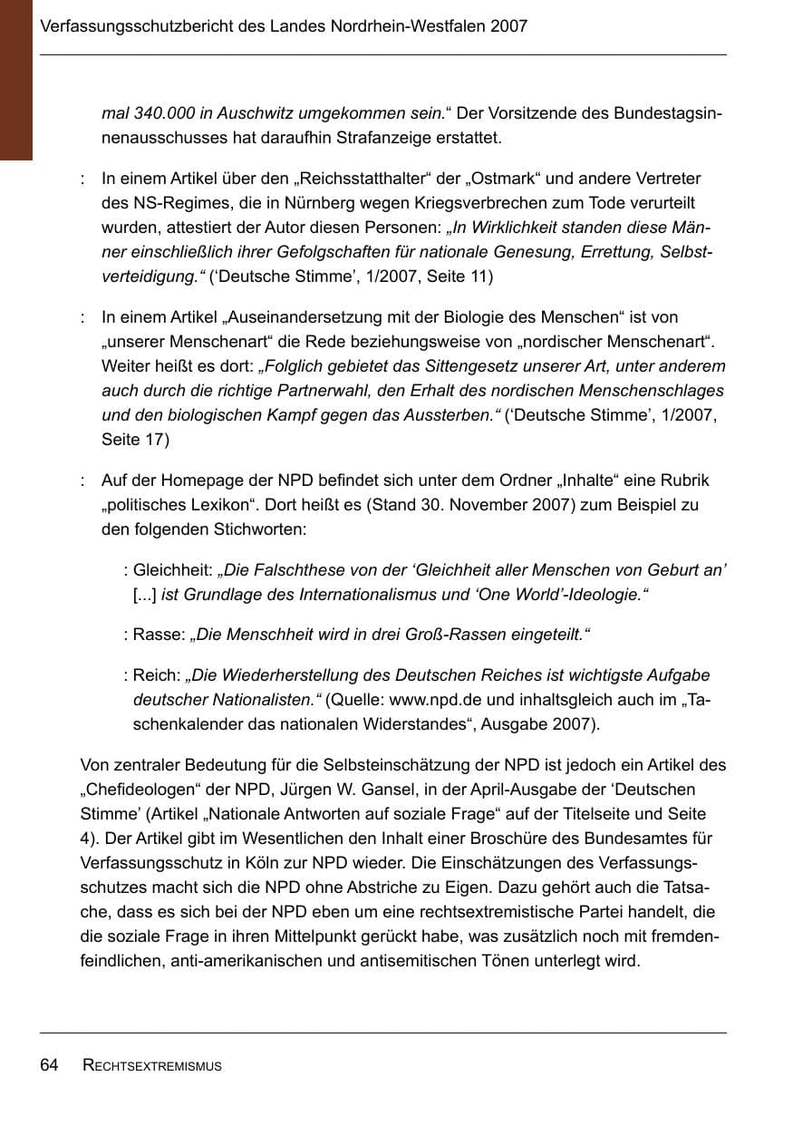 Seite 66 des Verfassungsschutzbericht 2007 Nordrhein-Westfalen
