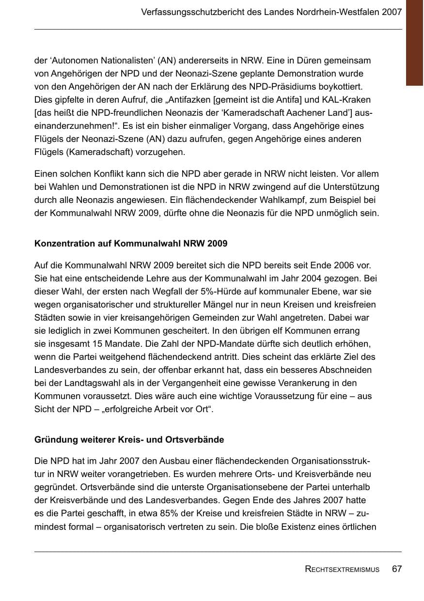 Seite 69 des Verfassungsschutzbericht 2007 Nordrhein-Westfalen
