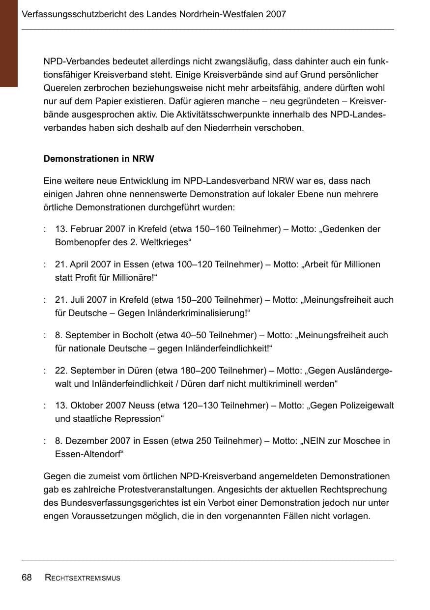 Seite 70 des Verfassungsschutzbericht 2007 Nordrhein-Westfalen