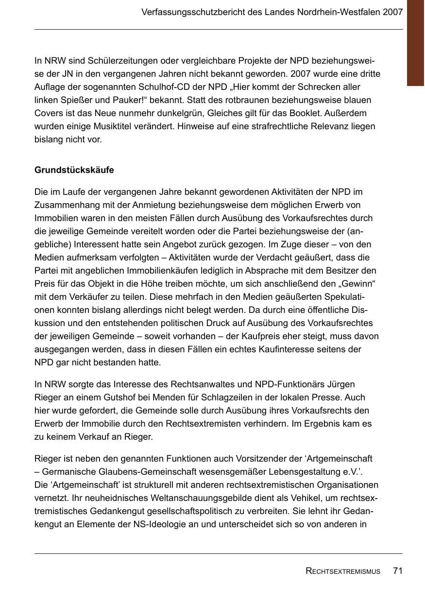 Seite 73 des Verfassungsschutzbericht 2007 Nordrhein-Westfalen