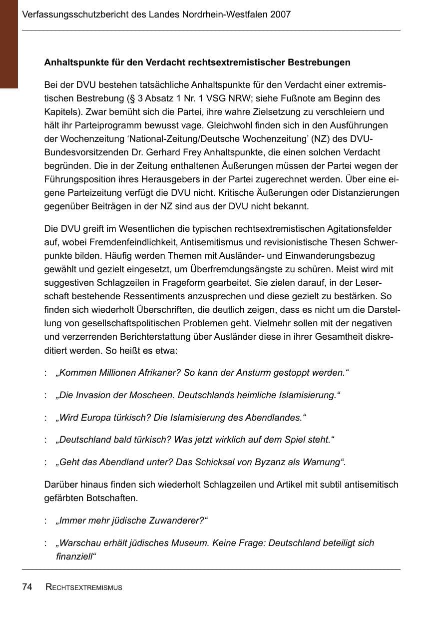 Seite 76 des Verfassungsschutzbericht 2007 Nordrhein-Westfalen