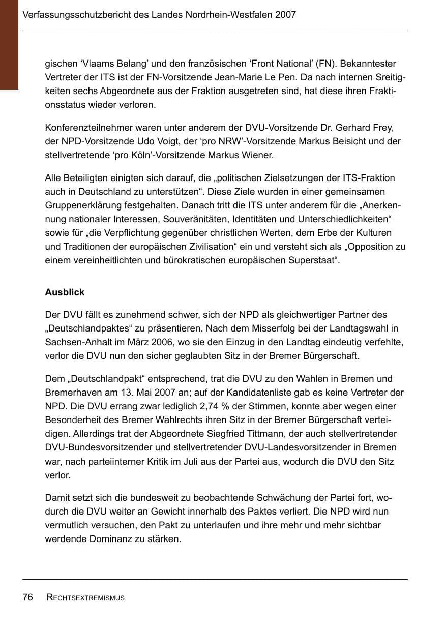 Seite 78 des Verfassungsschutzbericht 2007 Nordrhein-Westfalen