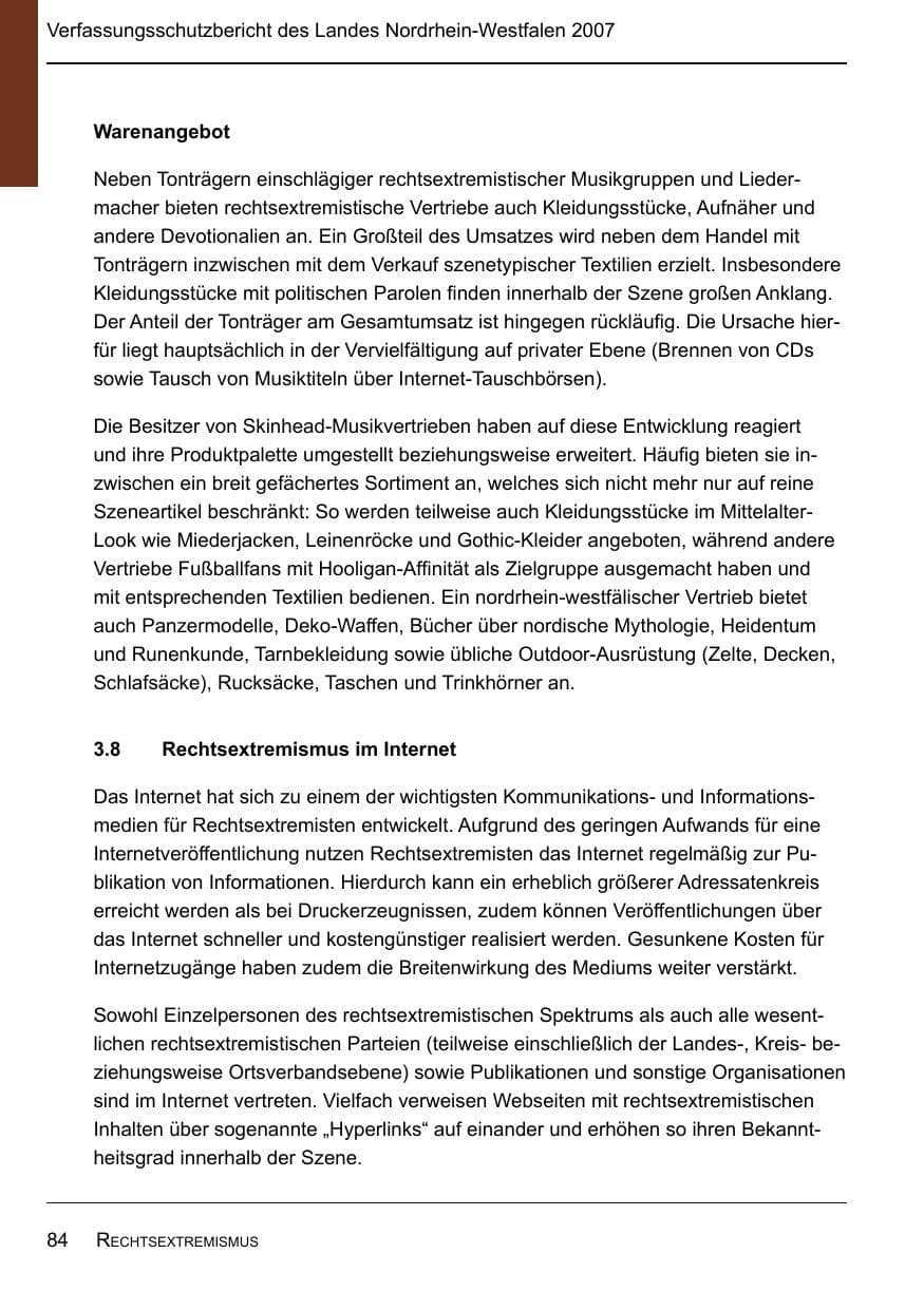 Seite 86 des Verfassungsschutzbericht 2007 Nordrhein-Westfalen