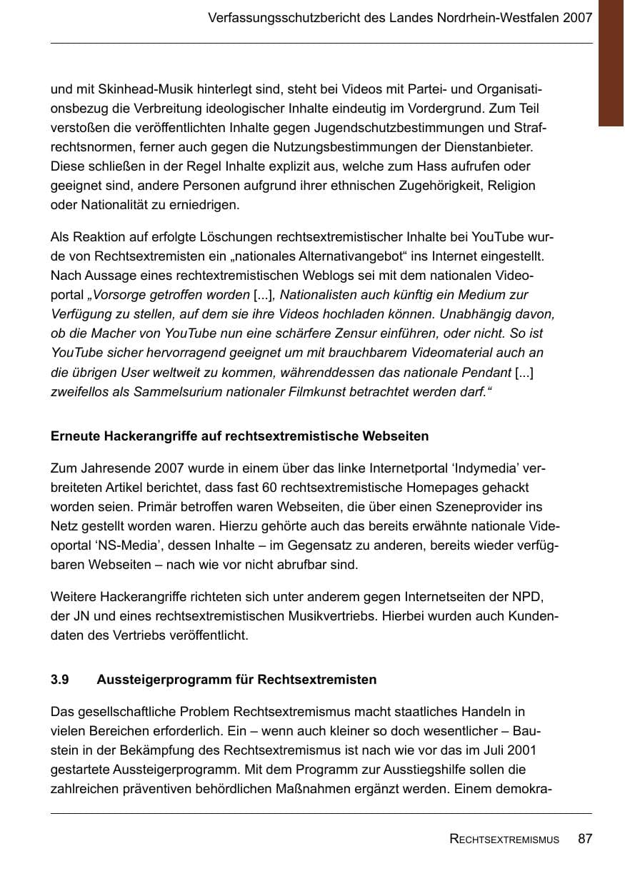 Seite 89 des Verfassungsschutzbericht 2007 Nordrhein-Westfalen