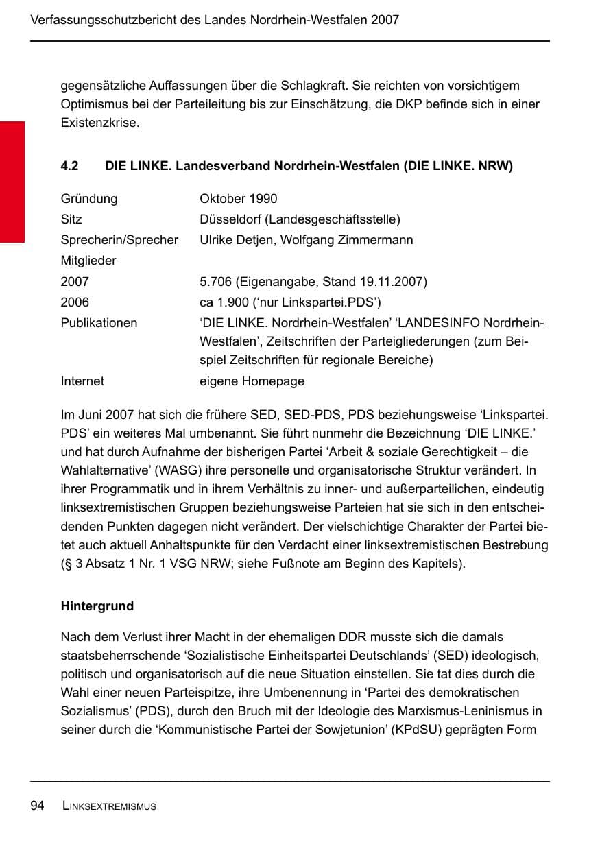 Seite 96 des Verfassungsschutzbericht 2007 Nordrhein-Westfalen