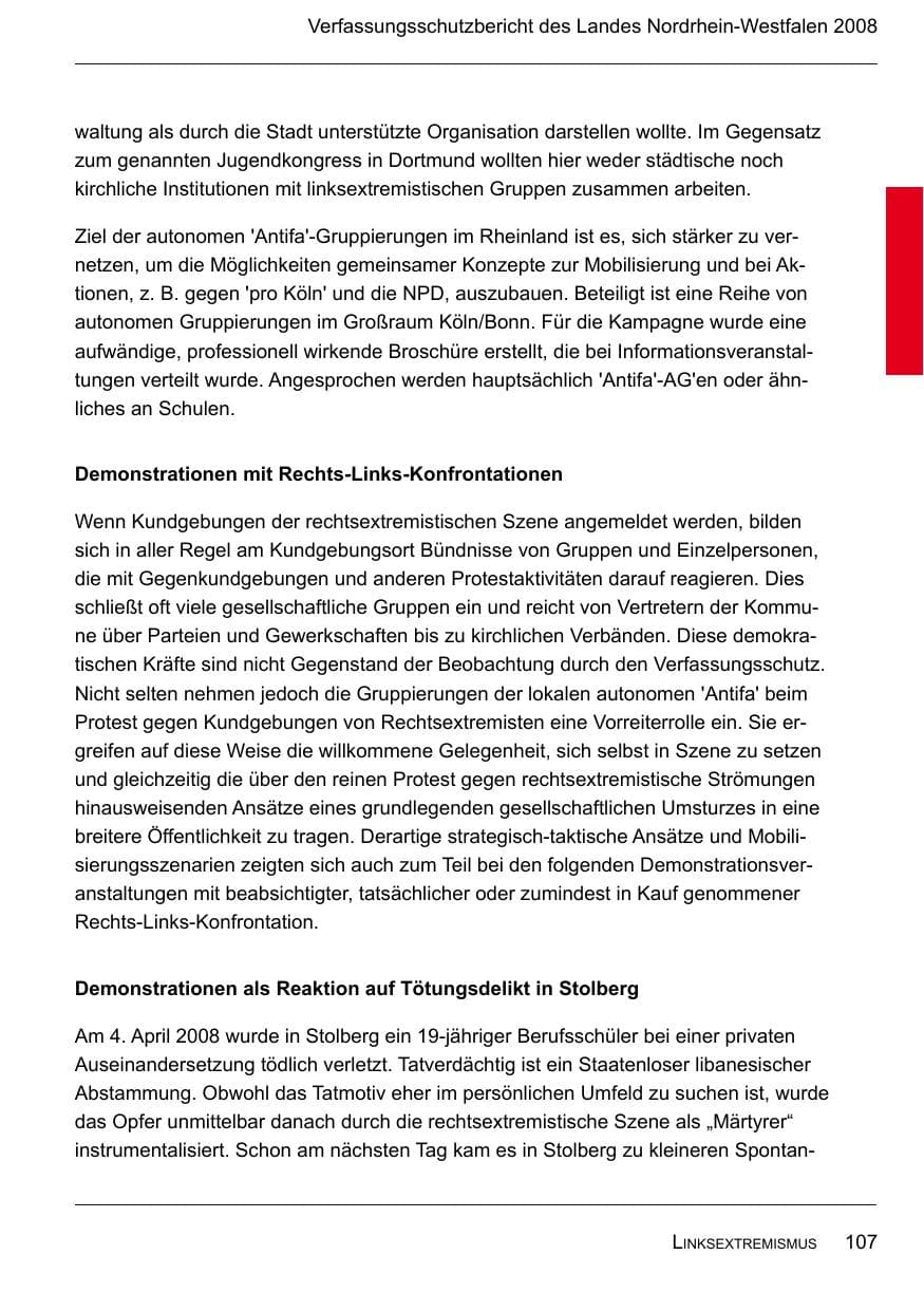 Seite 109 des Verfassungsschutzbericht 2008 Nordrhein-Westfalen