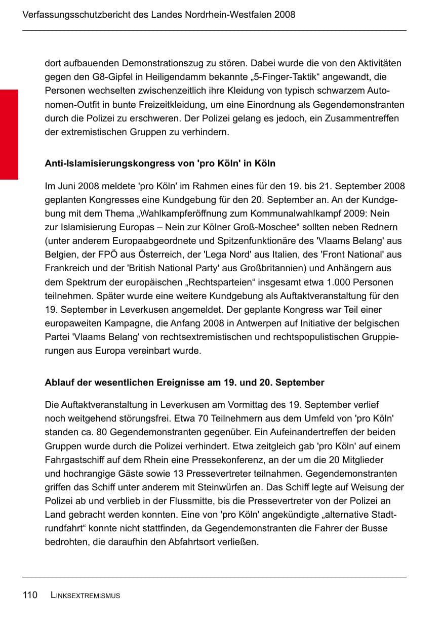 Seite 112 des Verfassungsschutzbericht 2008 Nordrhein-Westfalen