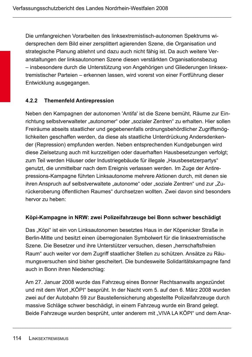 Seite 116 des Verfassungsschutzbericht 2008 Nordrhein-Westfalen