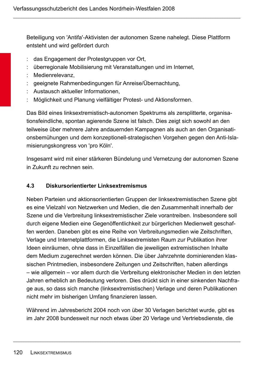 Seite 122 des Verfassungsschutzbericht 2008 Nordrhein-Westfalen